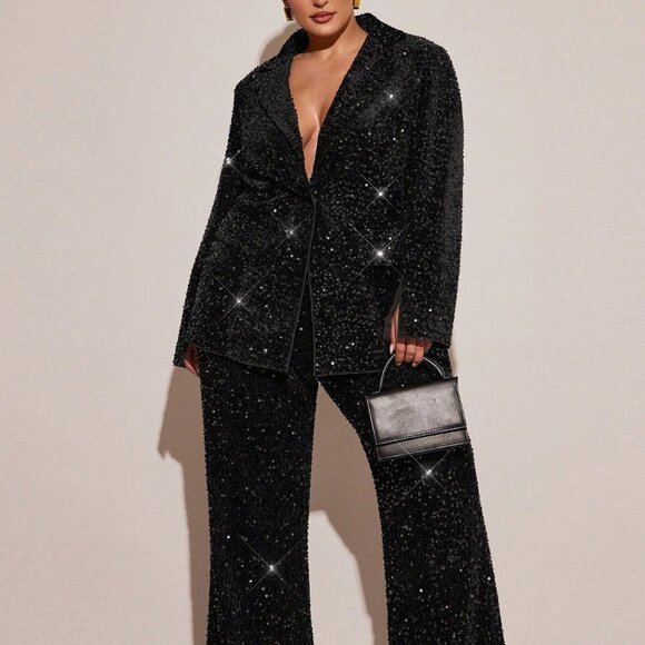 Black Party Women's Plus Size Glitter Sequined Long Sleeve Jacket - Picture 5 of 9